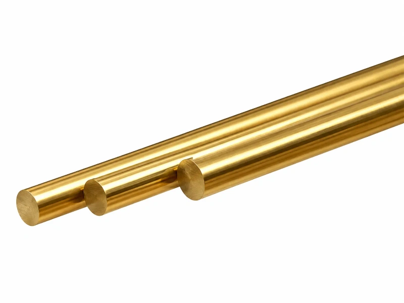 Solid round brass rods and bars in different diameters, used for CNC turning, milling, and manufacturing precision jewelry components such as clasps, beads, and spacers.