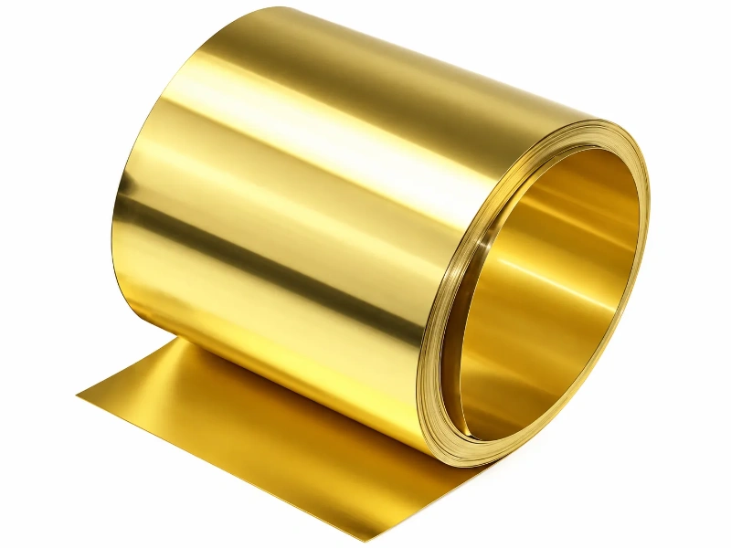 Rolled brass strip coil used as raw material for continuous-feed stamping of jewelry components, including connector plates, tags, and decorative findings.