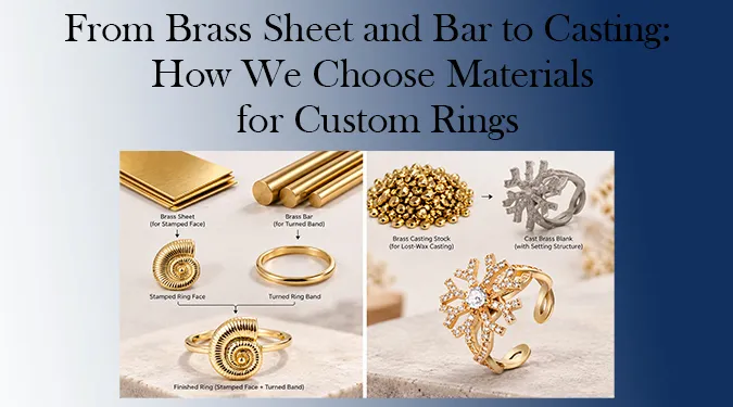 Learn how 96Jewelry selected brass sheet, bar and casting stock for two custom rings, with real project examples of stamping, turning and stone setting.