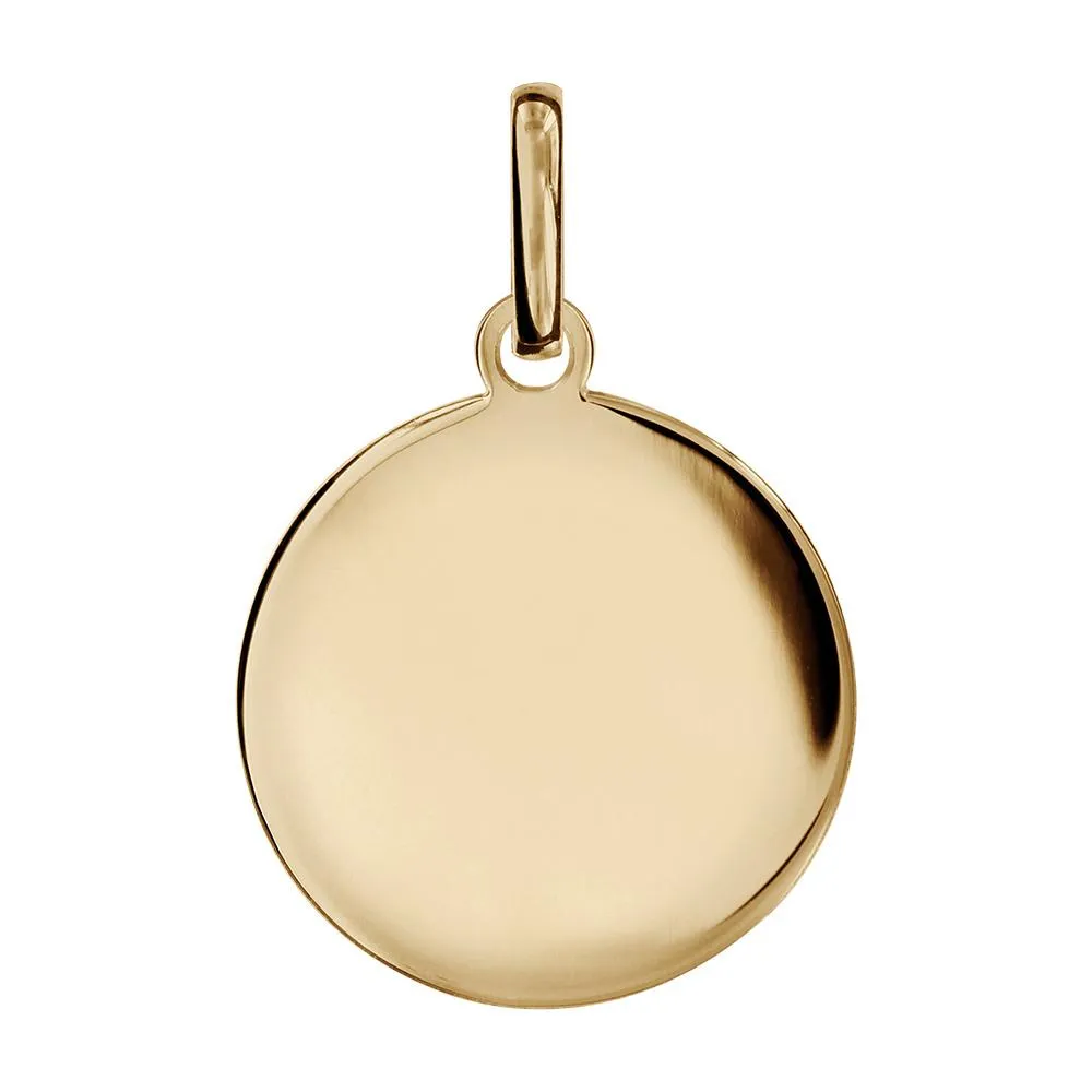 Round gold-plated brass pendant with a smooth polished surface and a gold-tone bail on a white background.