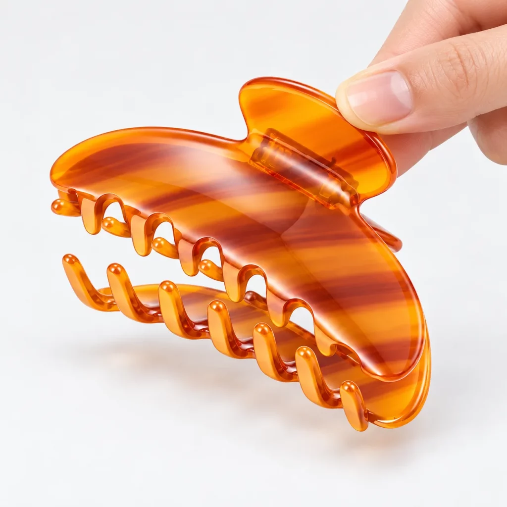 Hand opening an amber orange cellulose acetate hair claw clip to show the spring hinge and claw teeth structure.