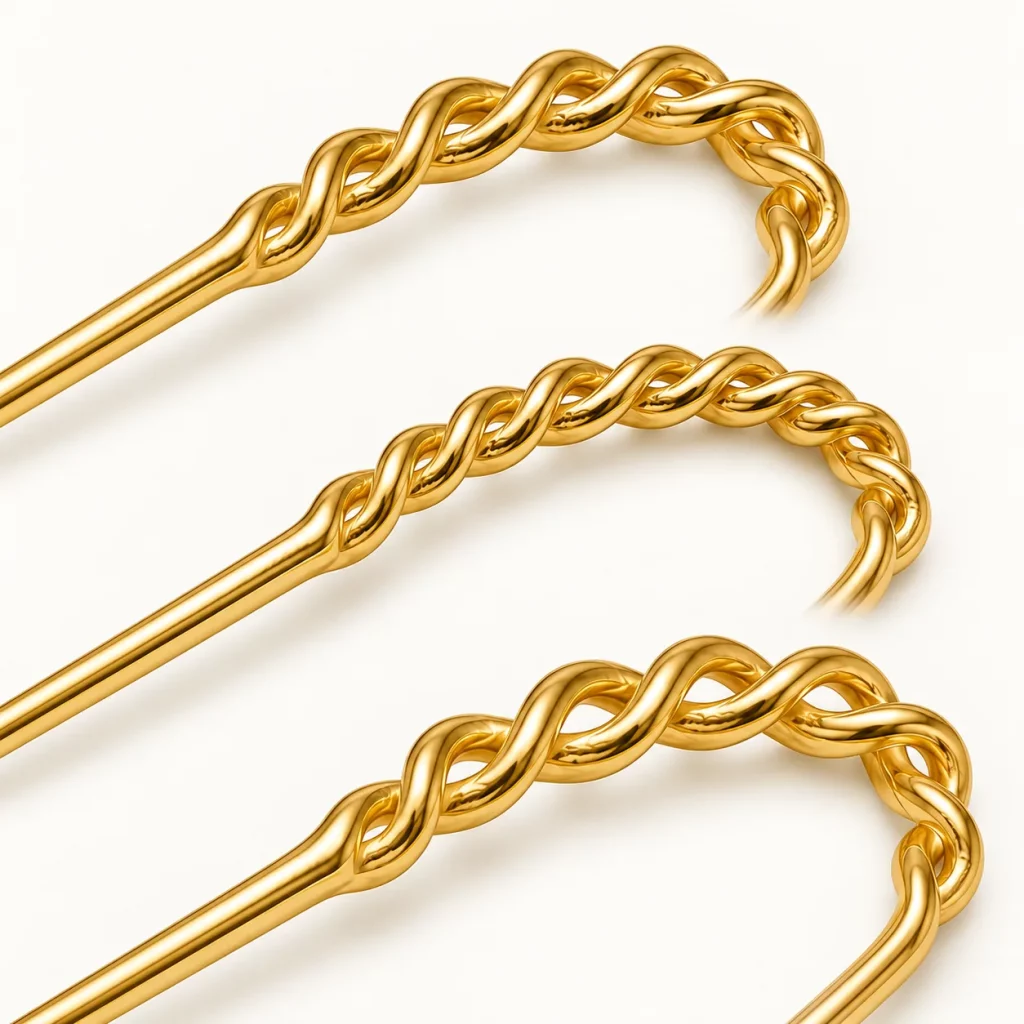 Three custom sizes of gold-plated braided two-prong hair forks displayed together for size and proportion comparison.