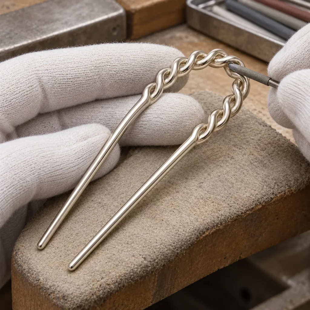 Hand finishing the inner edge of a braided U-shaped hair fork to smooth the metal surface before polishing and plating.