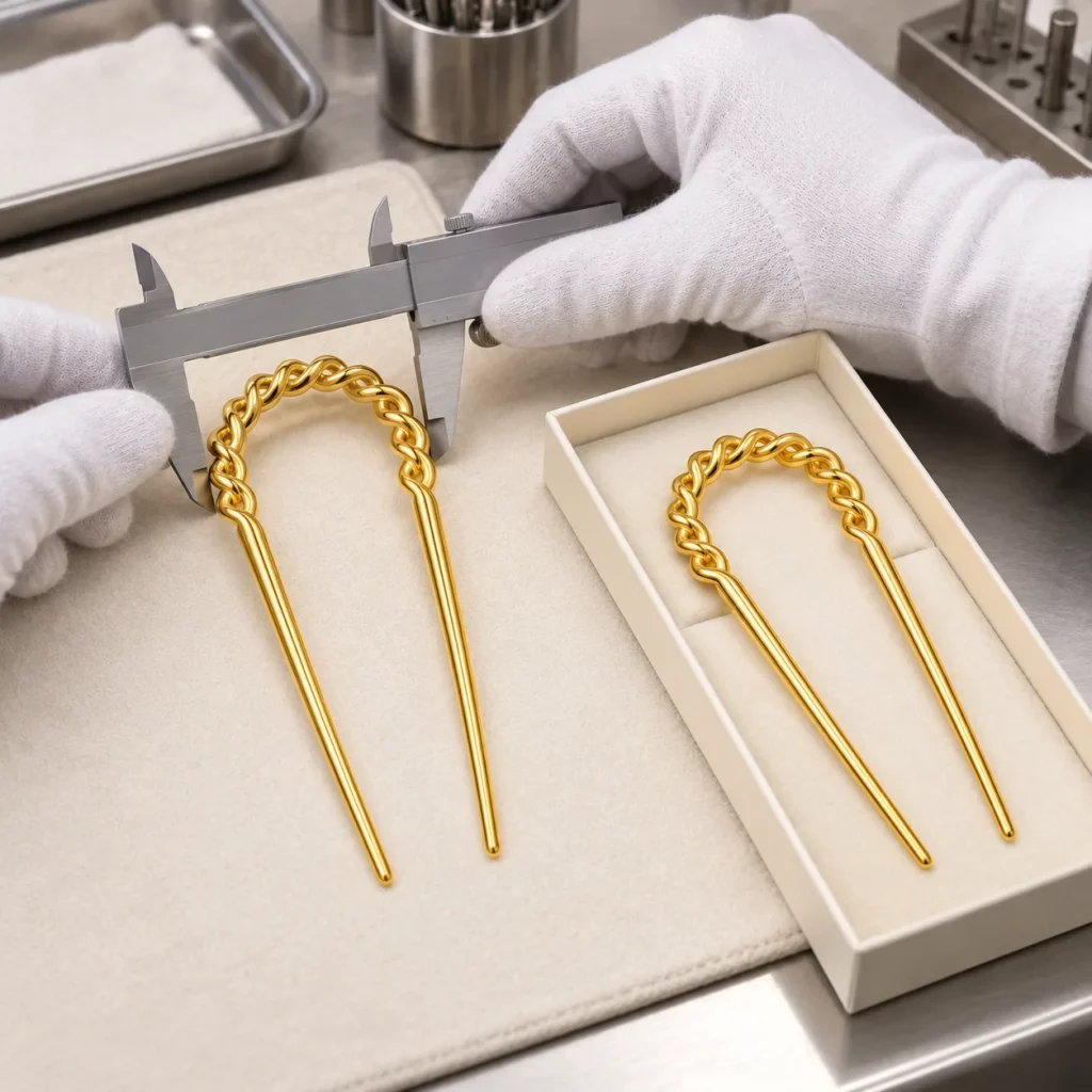 Quality inspection of gold-plated braided two-prong hair forks using a caliper to check product dimensions and consistency.