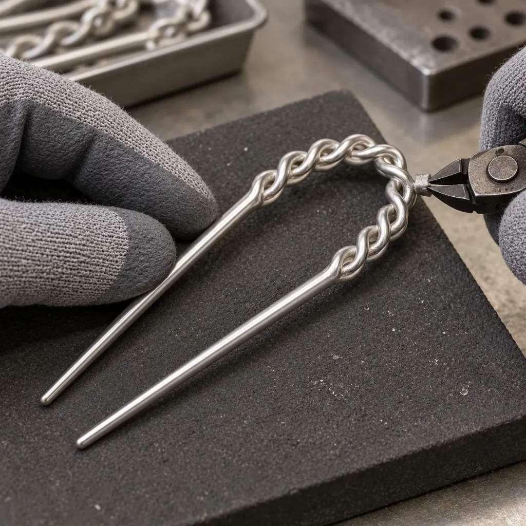 Worker trimming excess metal from a cast braided U-shaped hair fork during the metal hair accessory manufacturing process.