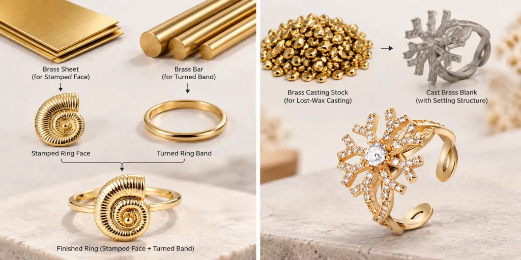 Custom brass ring manufacturing comparison showing brass sheet stamped into a spiral ring face, brass bar turned into a ring band, and casting stock used for a sculpted gemstone-set ring.
