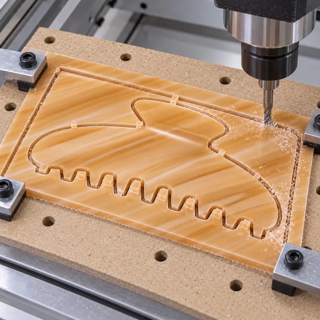 CNC cutting process for a honey striped cellulose acetate hair claw clip.