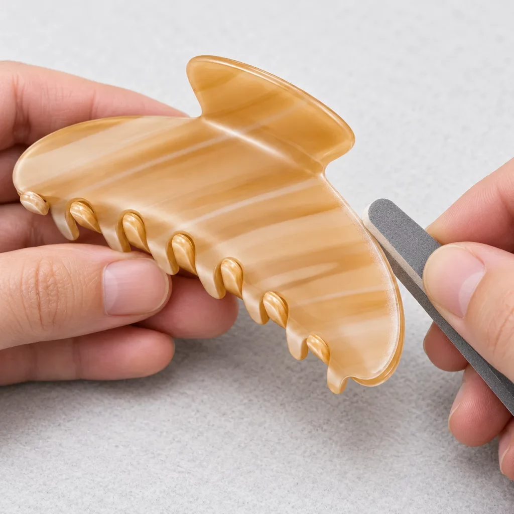 Hand polishing the edge of a honey striped cellulose acetate hair claw clip during finishing.