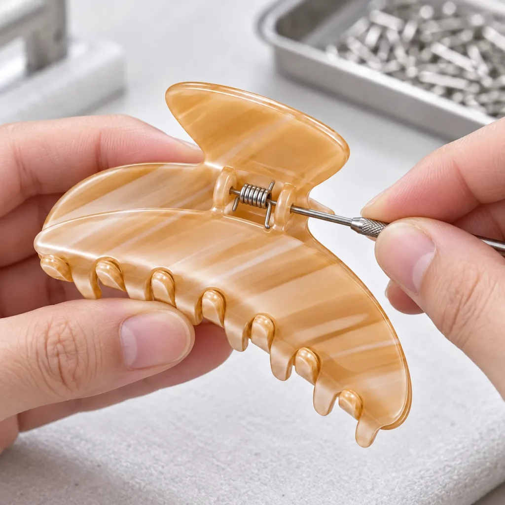 Spring hinge assembly process for a honey striped cellulose acetate hair claw clip.
