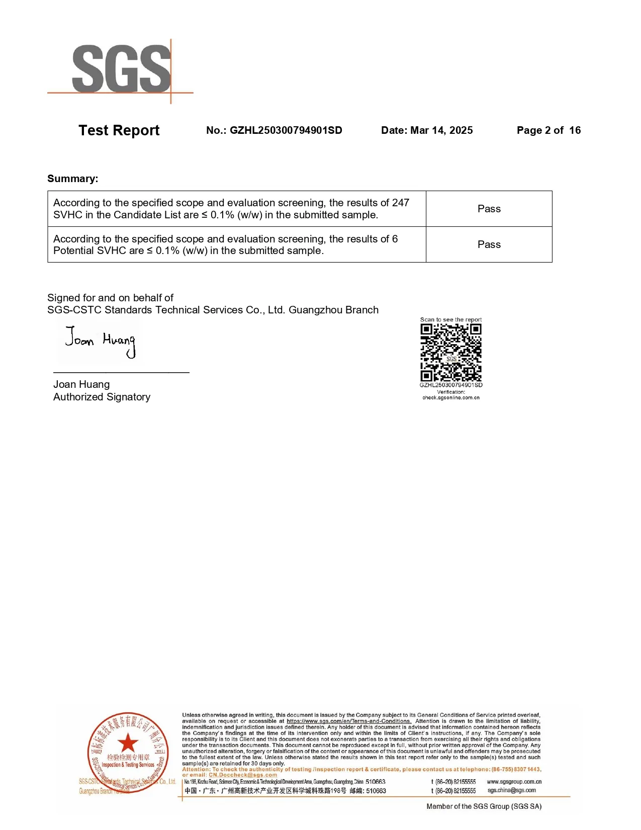 SGS report summary showing Pass results for 247 Candidate List SVHC substances and 6 potential SVHC substances in the cellulose acetate sample.