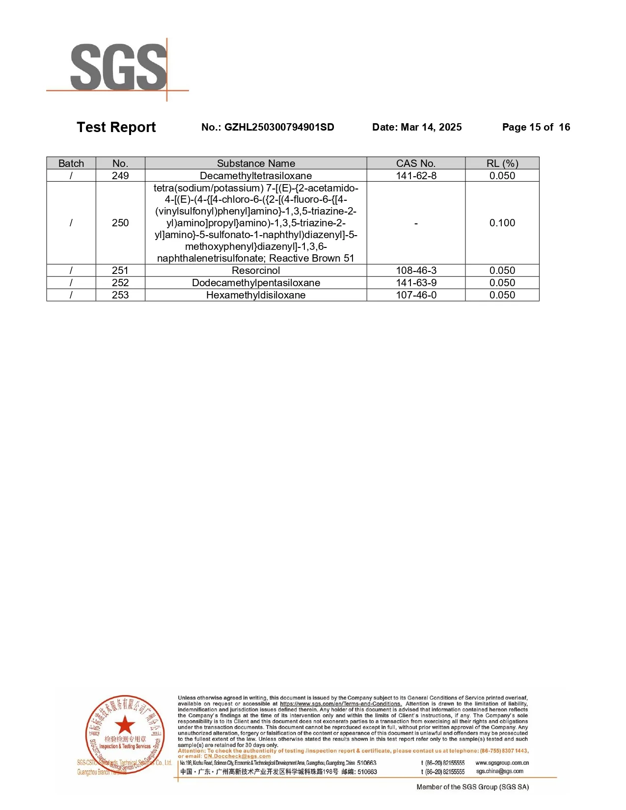 Final SGS REACH SVHC substance list page showing tested entries 249 through 253 for the cellulose acetate material.