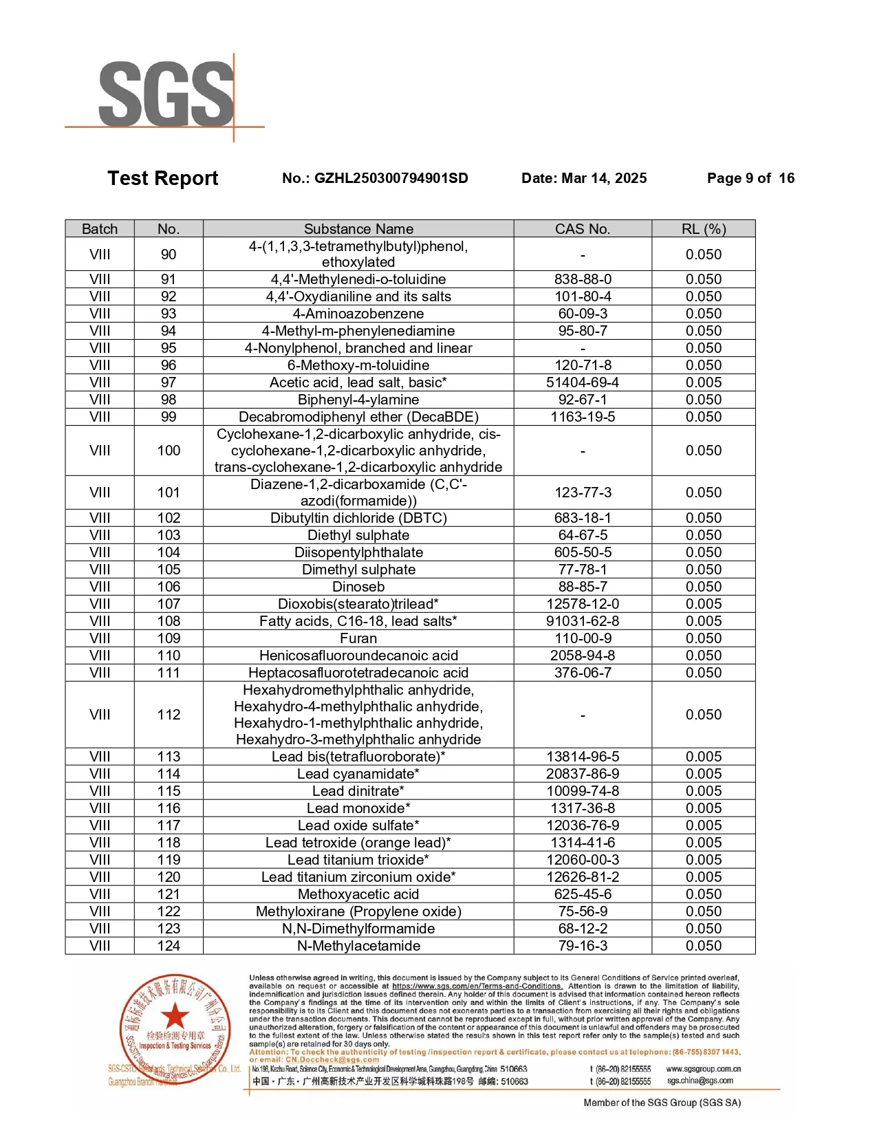 SGS REACH SVHC substance list showing tested entries 90 through 124 and their reporting limits for the cellulose acetate material.