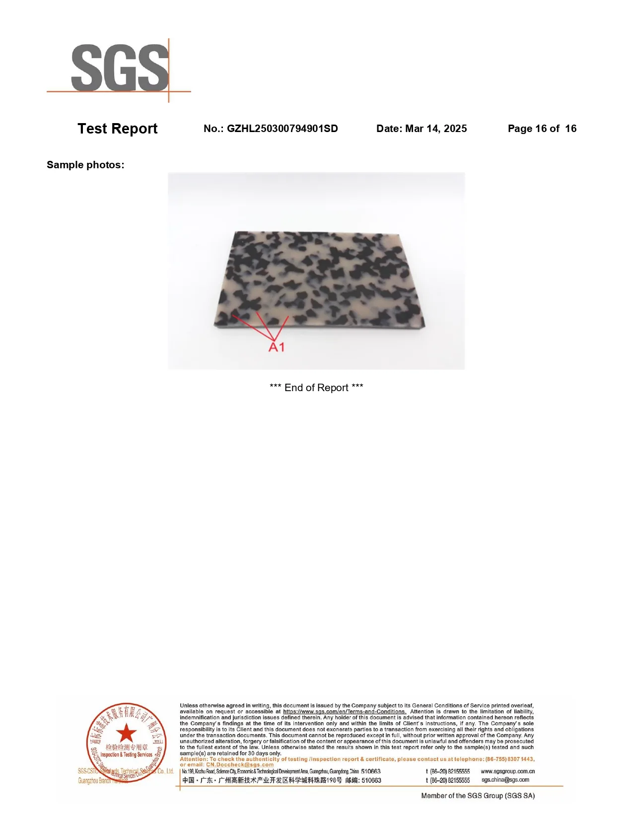 SGS test sample photo showing the multicolor solid cellulose acetate material sheet identified as sample A1 in the REACH SVHC report.