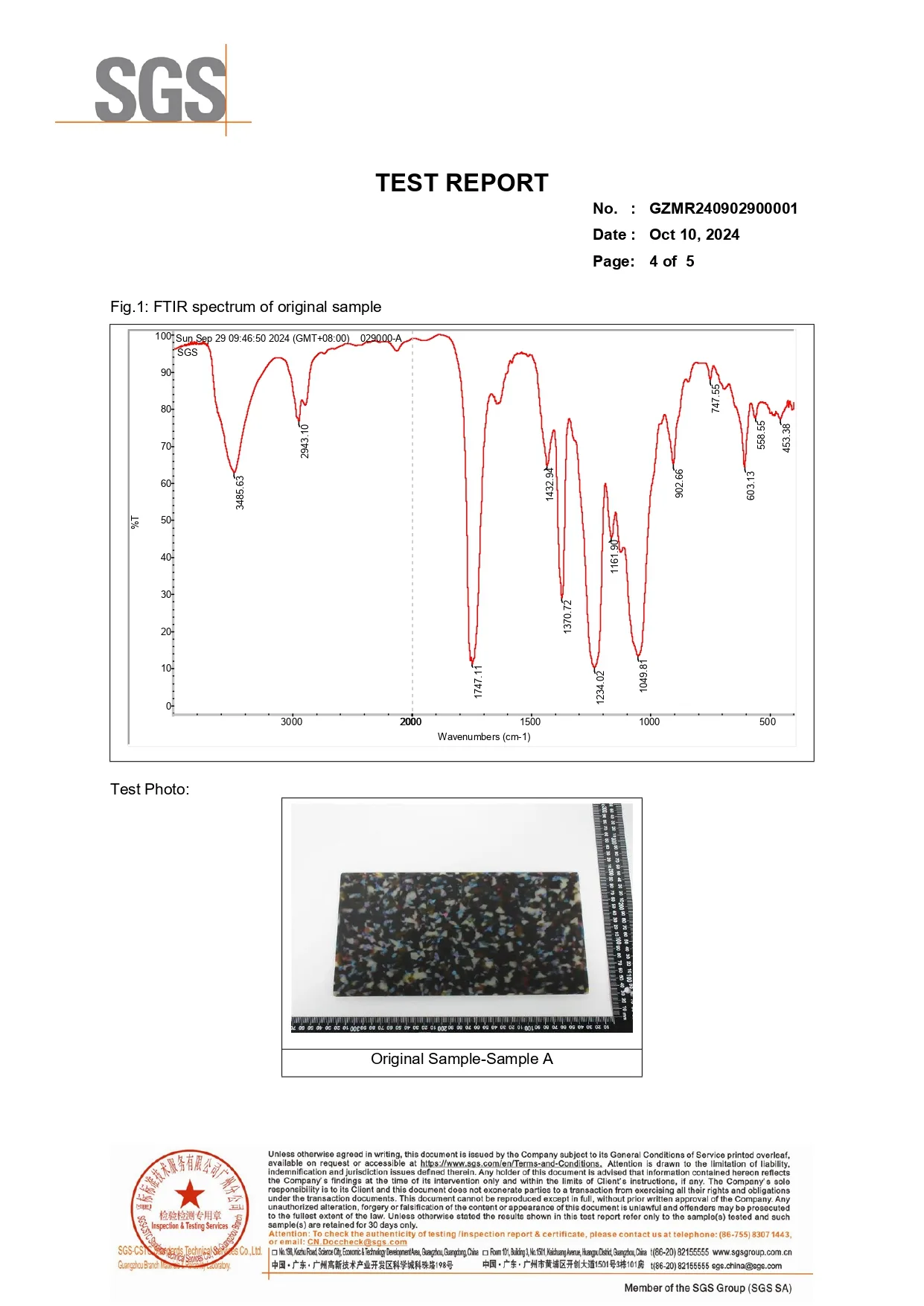 FTIR spectrum and original sample photo from the SGS composition analysis of the cellulose acetate sheet.
