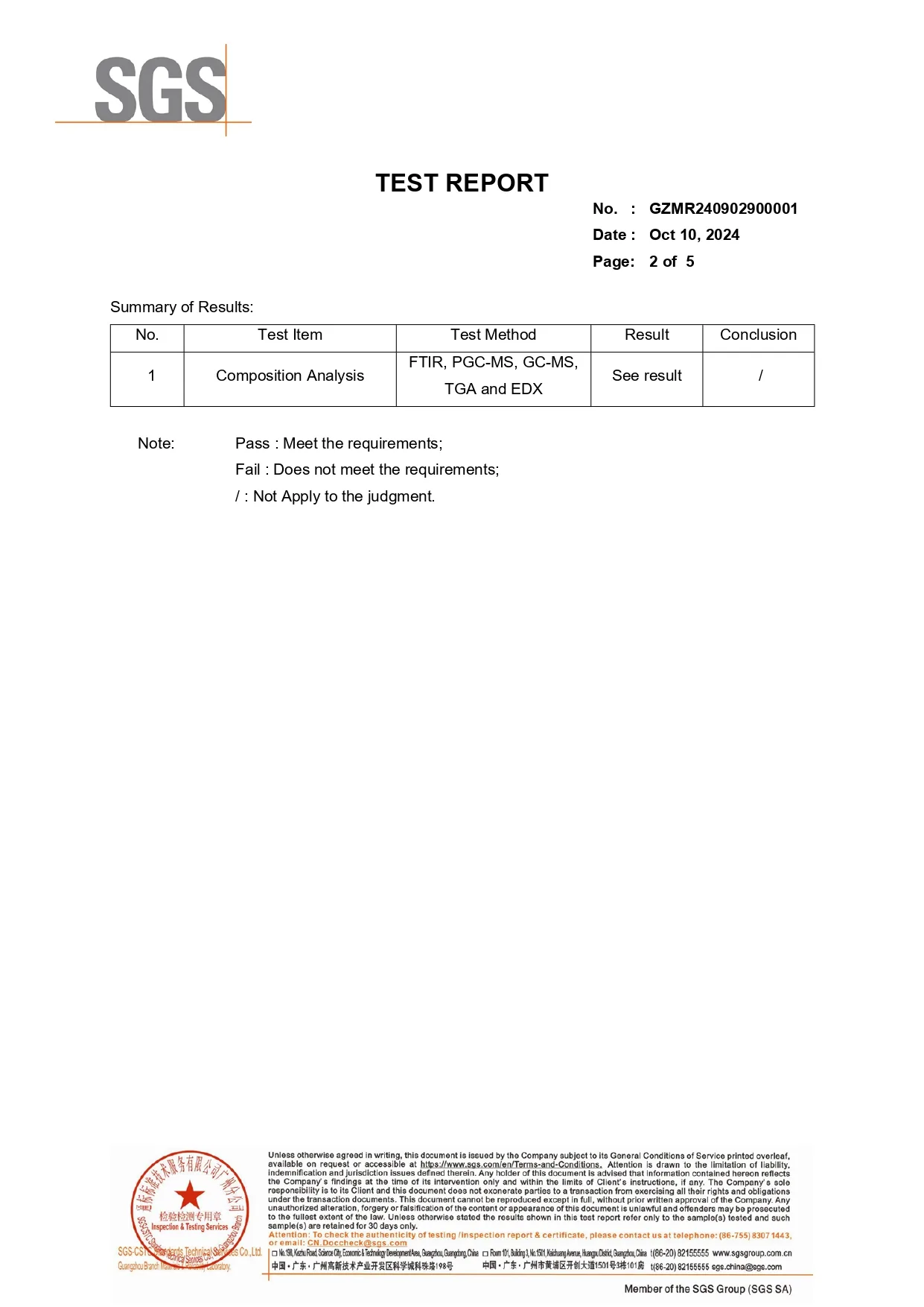 Second page of the SGS report showing the composition analysis summary and test methods for the cellulose acetate sheet sample.