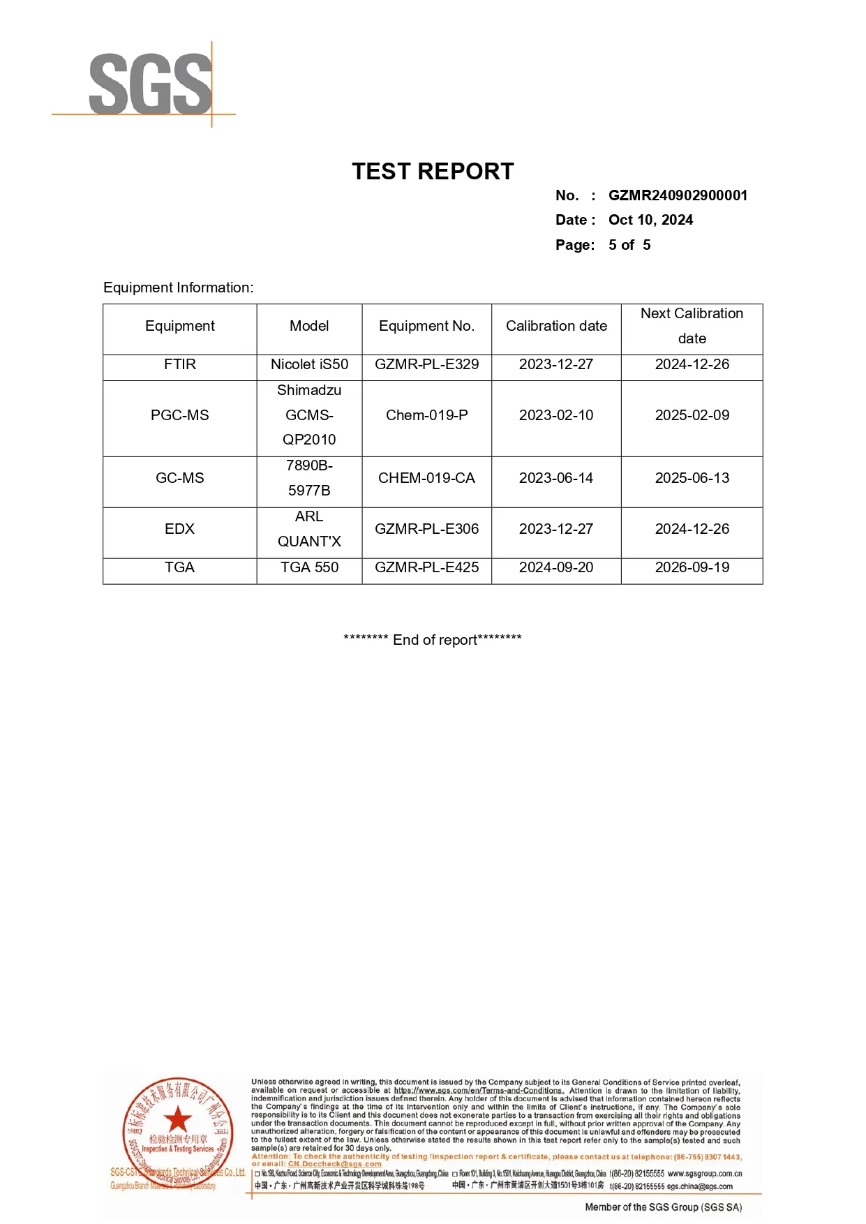 SGS test equipment information listing FTIR, PGC-MS, GC-MS, EDX, and TGA instruments used for the cellulose acetate sheet composition analysis.