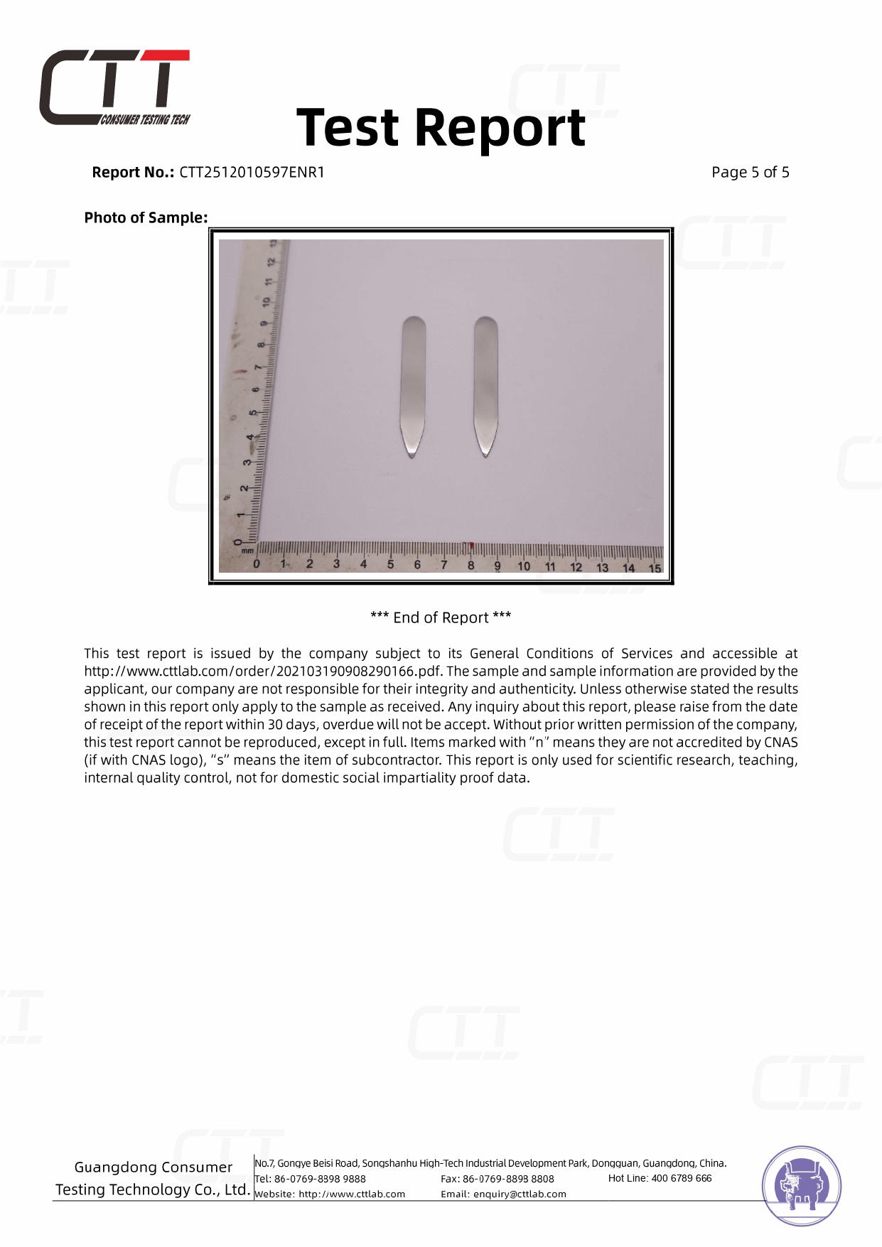 CTT test sample photo showing two steel collar stiffeners, Model 7258, beside measurement rulers for sample identification.