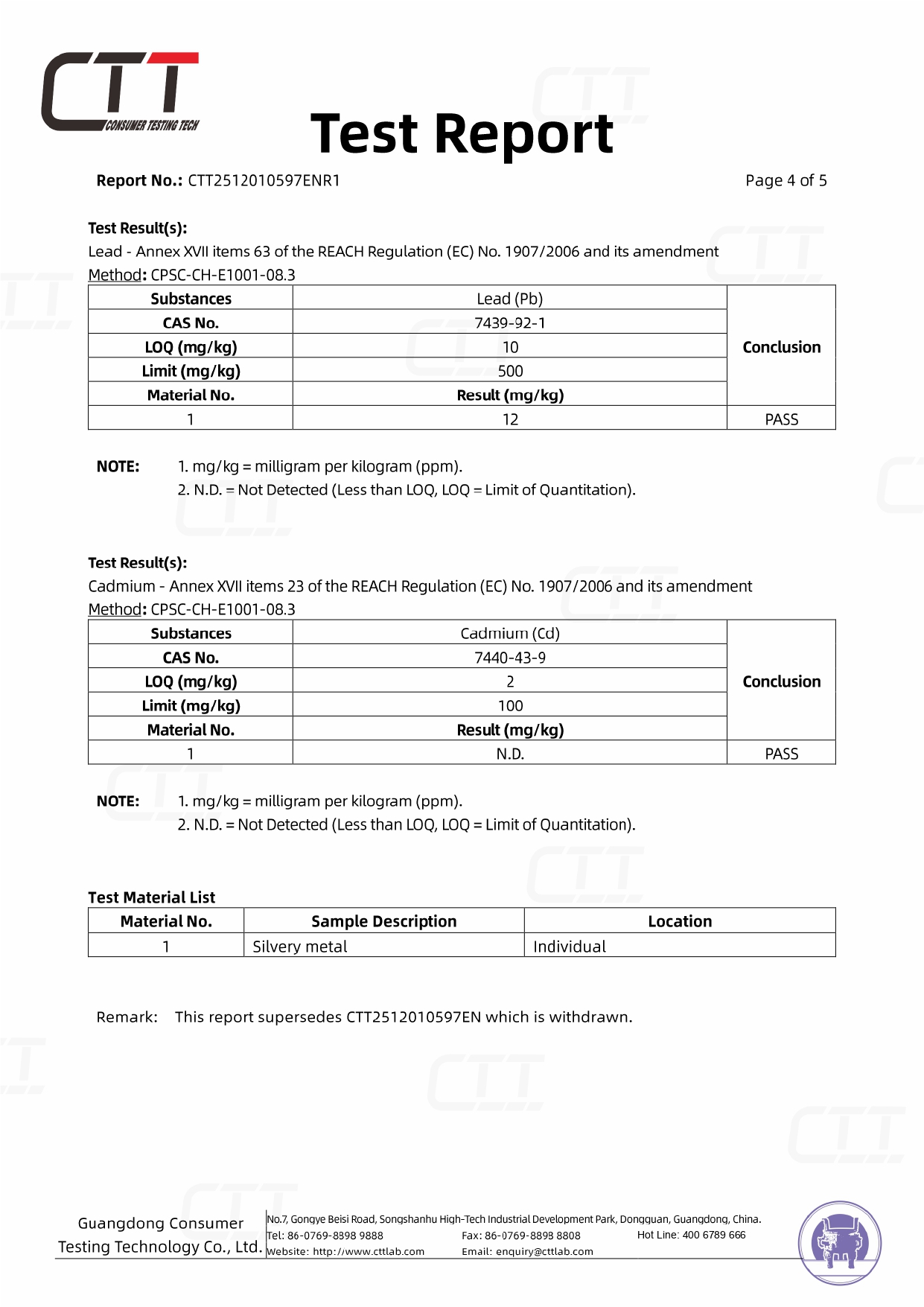 Lead and cadmium test results for steel collar stiffeners under the referenced REACH Annex XVII requirements, showing PASS conclusions.