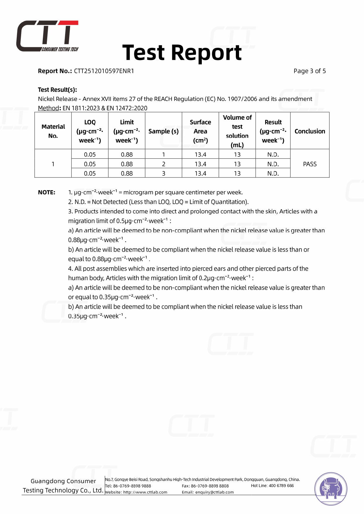 Nickel release test results for steel collar stiffeners under EN 1811:2023 and EN 12472:2020, with a PASS conclusion.