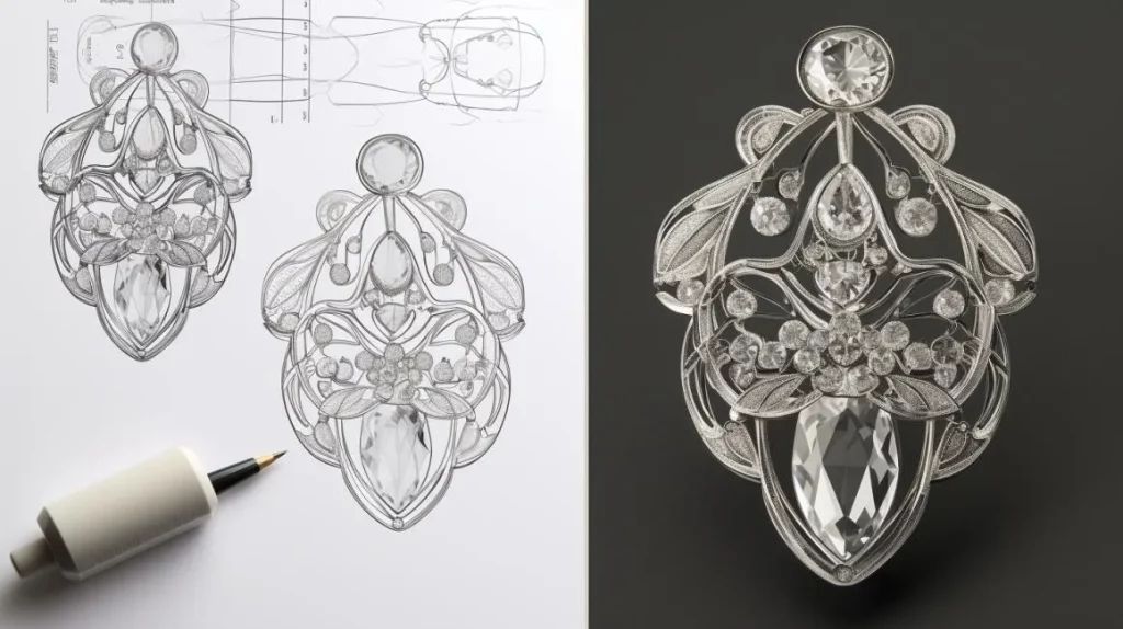 Detailed jewelry design sketches compared with a silver-tone 3D rendering featuring floral patterns and multiple gemstone settings.