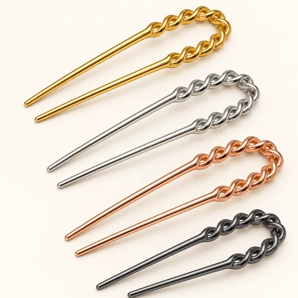 Custom braided U-shaped hair forks shown in gold, silver, rose gold and black metal finish options.