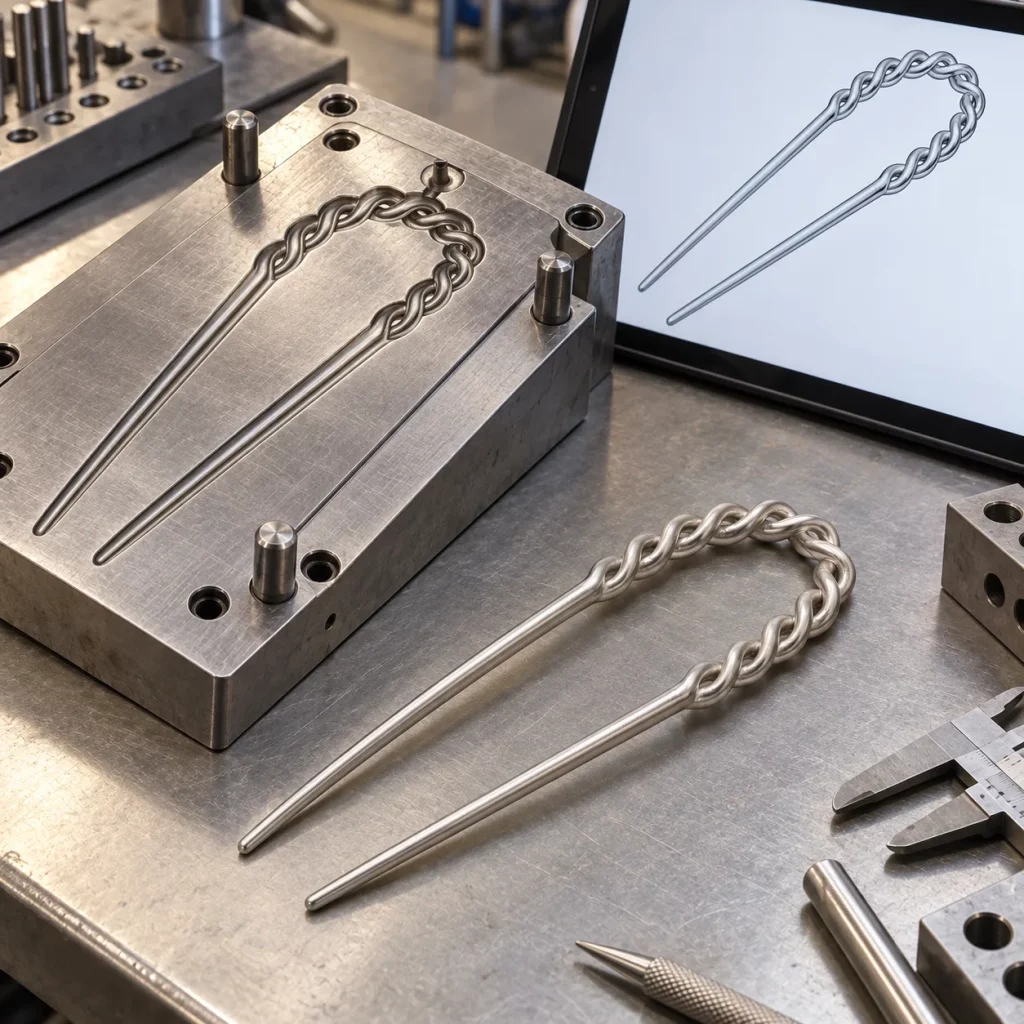 Custom braided U-shaped two-prong hair fork mold with product design drawing during the manufacturing development process.