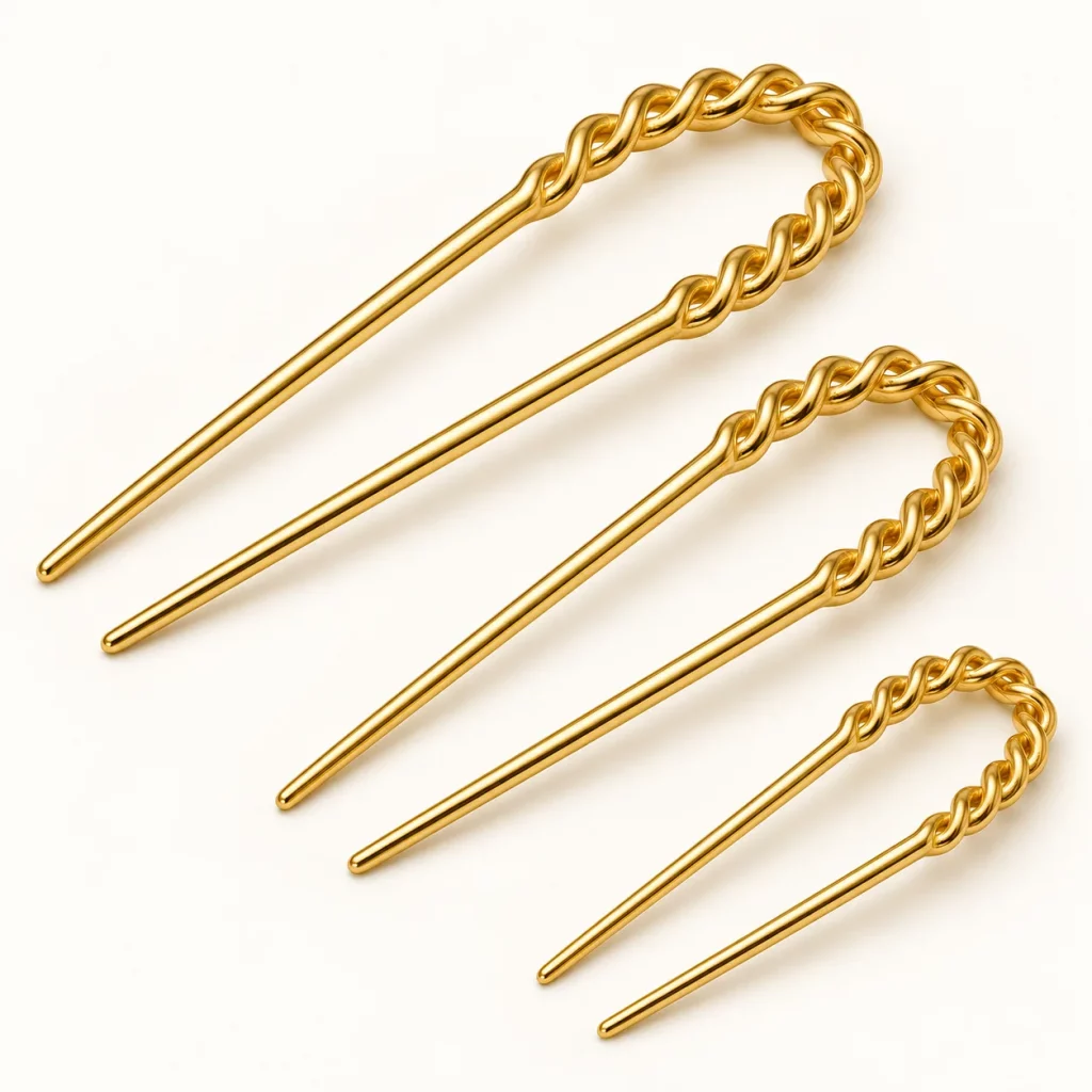 Three size options of custom gold-plated braided U-shaped two-prong hair forks for different hair accessory designs.