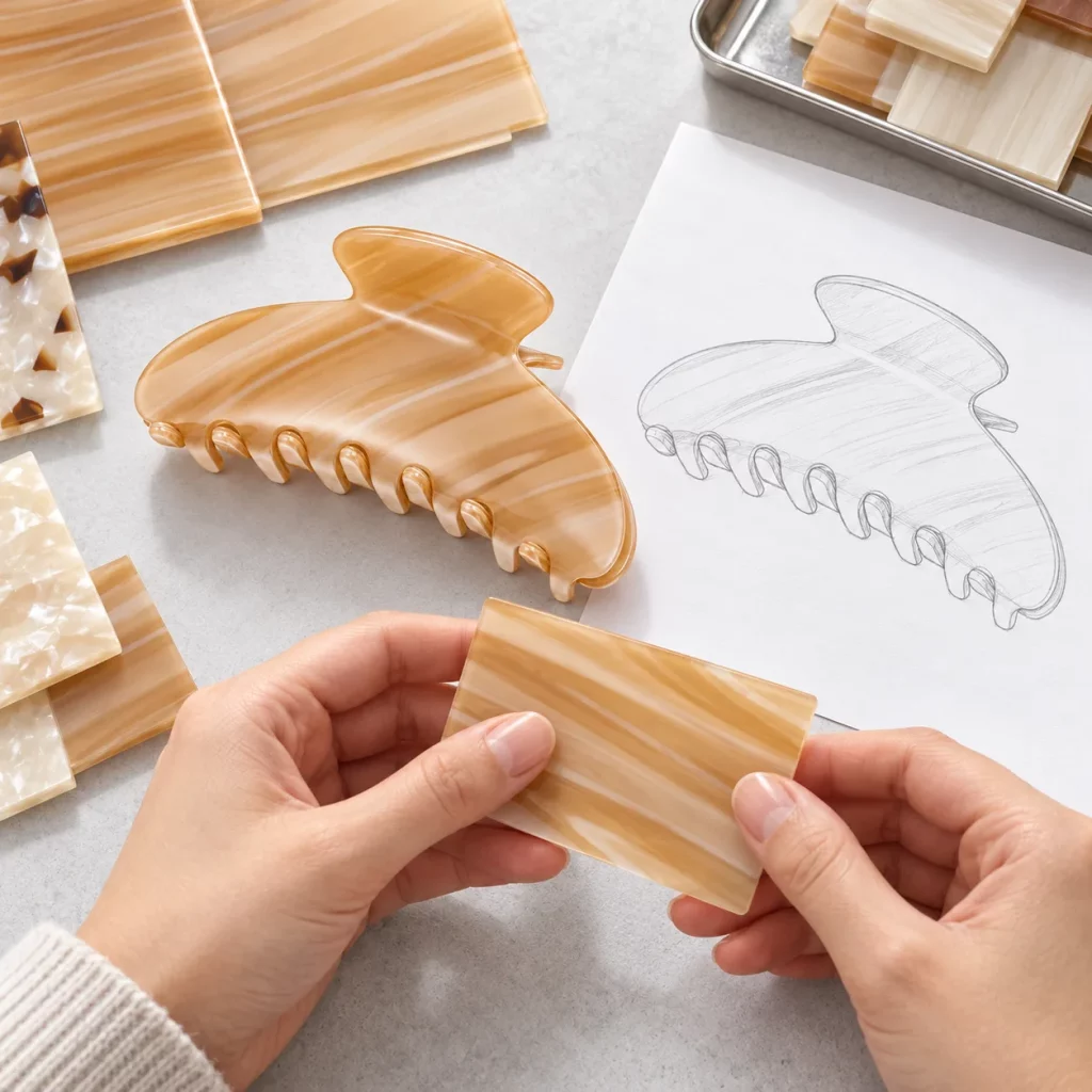 Honey striped cellulose acetate hair claw clip shown with acetate sheets during material selection and design review.
