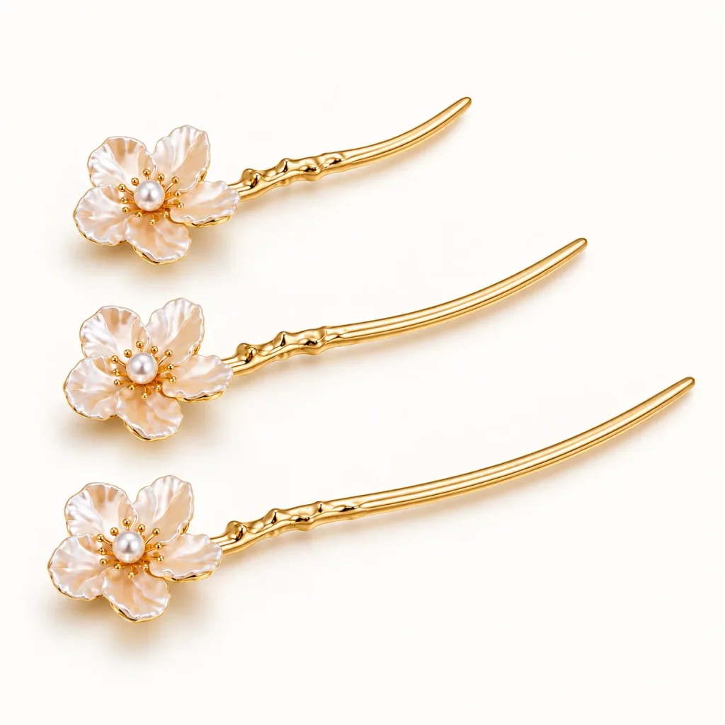 Three gold-tone floral hair sticks shown in different lengths and shaft curves for custom size and profile comparison.