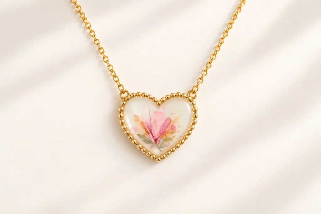 Custom gold-tone heart necklace with pink floral inlay and decorative beaded frame