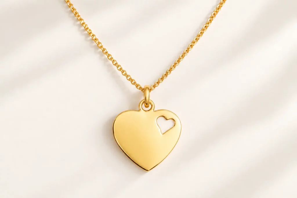Custom gold-tone heart necklace with small heart-shaped cutout and matching chain