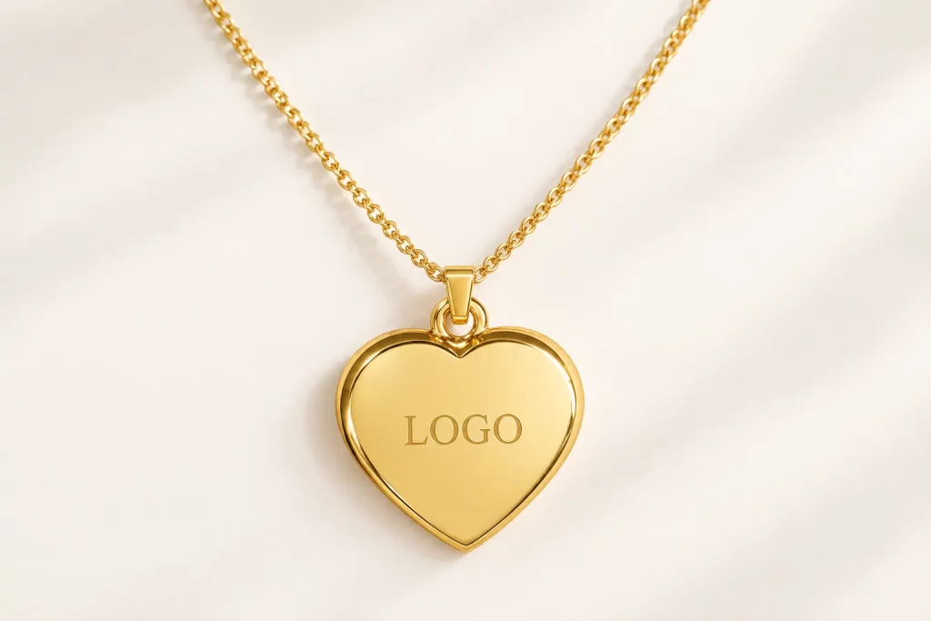 Custom gold-tone stainless steel heart necklace with LOGO engraving and matching chain