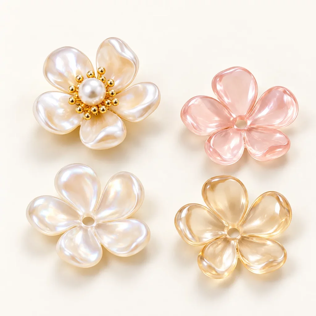Iridescent flower petal samples in ivory, pink, and amber tones for comparing color options in floral hair accessory development.
