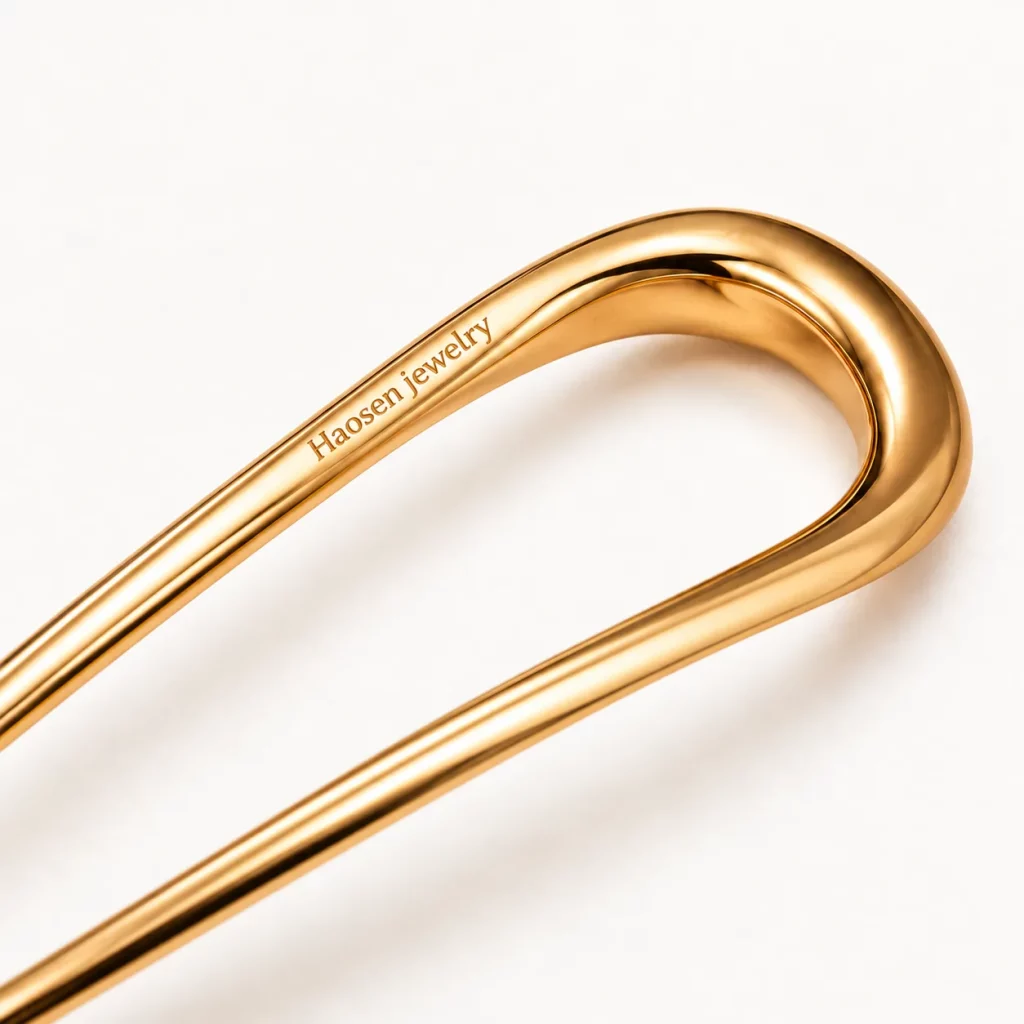 Close-up of a gold-tone U-shaped two-prong hair fork with custom Haosen Jewelry logo engraving on the polished metal surface.