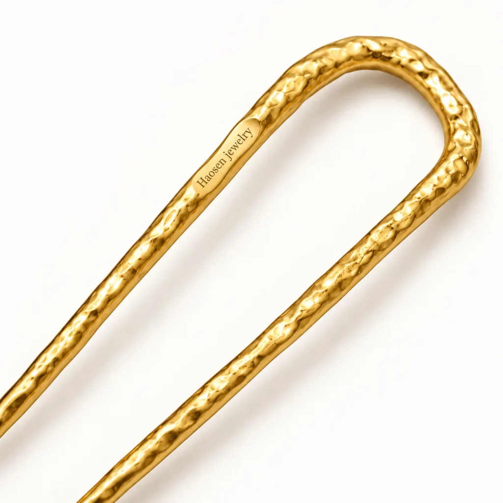 Close-up of a hammered gold-tone U-shaped hair fork with custom Haosen Jewelry logo engraving on the metal surface.