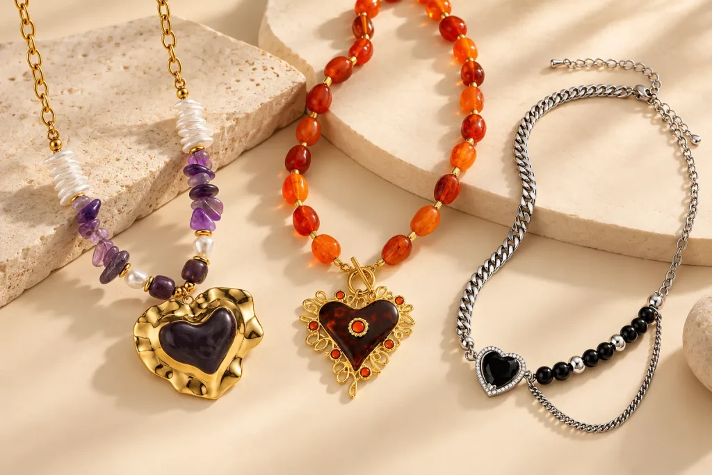 Custom heart necklace collection featuring gold-tone and silver-tone pendants with beads, decorative stones, and mixed-material designs
