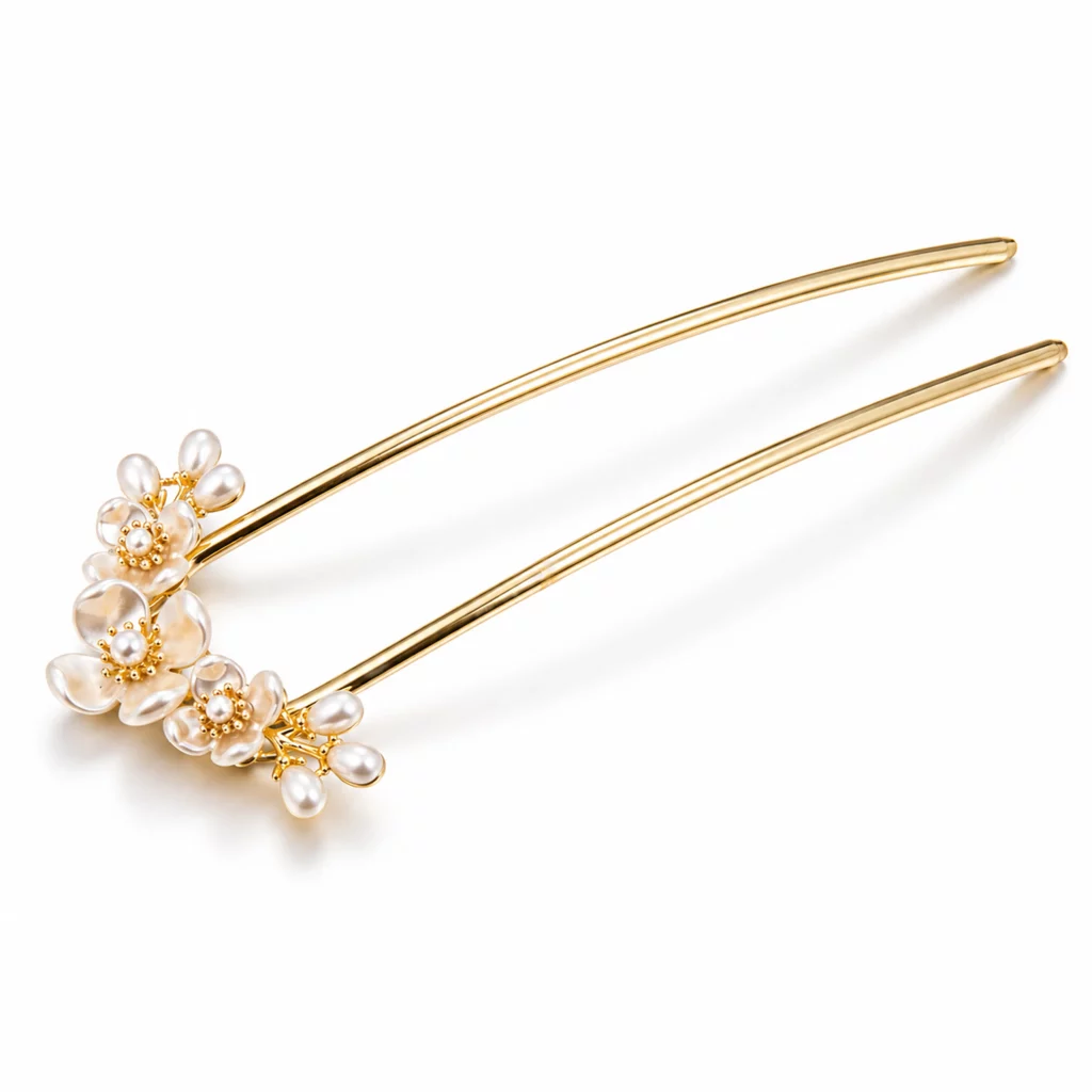 Custom zinc alloy floral pearl hair fork with gold-tone finish