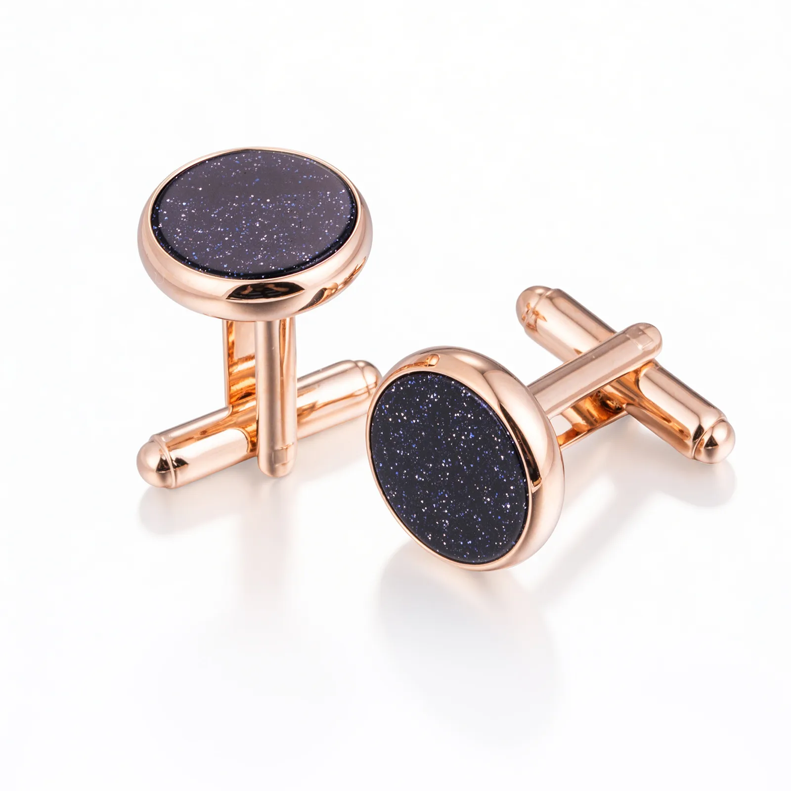 Customized rose gold plated brass cufflinks inlaid with round blue sandstone