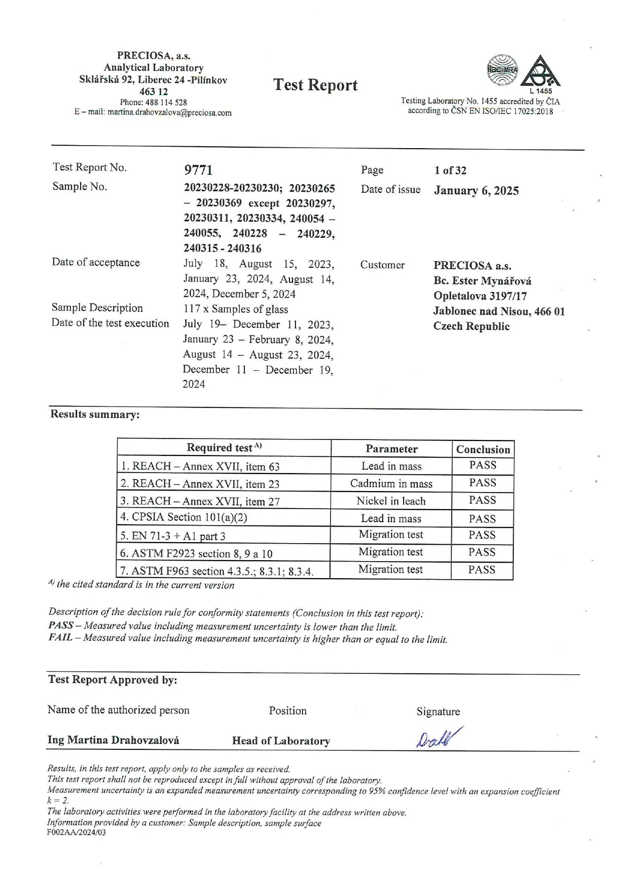 First page of PRECIOSA Test Report No. 9771 showing the results summary for REACH, CPSIA, EN 71-3, ASTM F2923, and ASTM F963 testing of glass crystals.