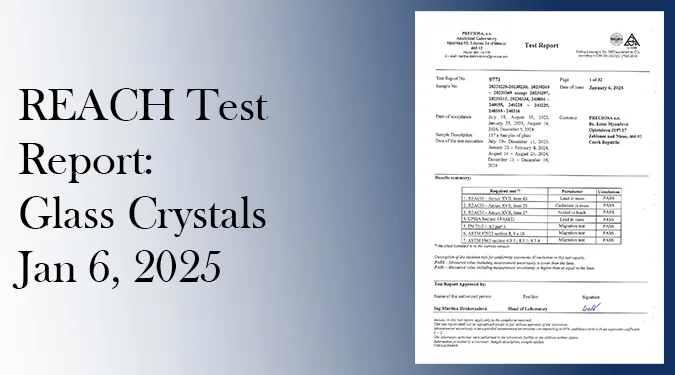 Featured image for PRECIOSA Test Report No. 9771 covering REACH and related safety testing of Czech glass crystal samples, issued January 6, 2025.