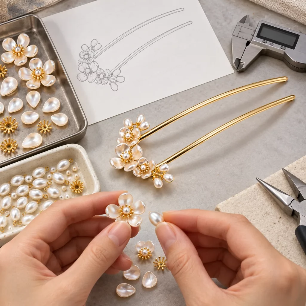 Double-prong floral hair pin development scene with design sketch, caliper, flower components, and assembled sample for product review.