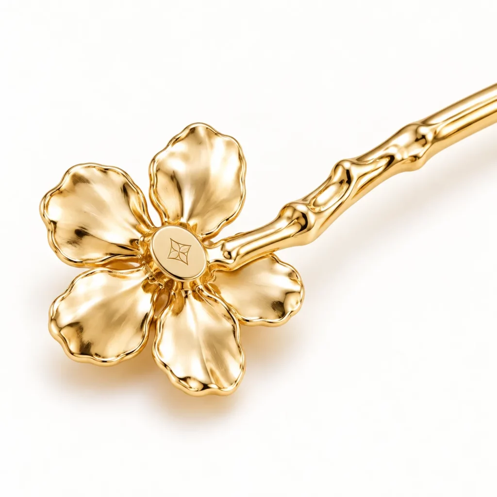 Back view of a gold-tone five-petal floral hair stick showing a customized center mark on the rear of the flower.