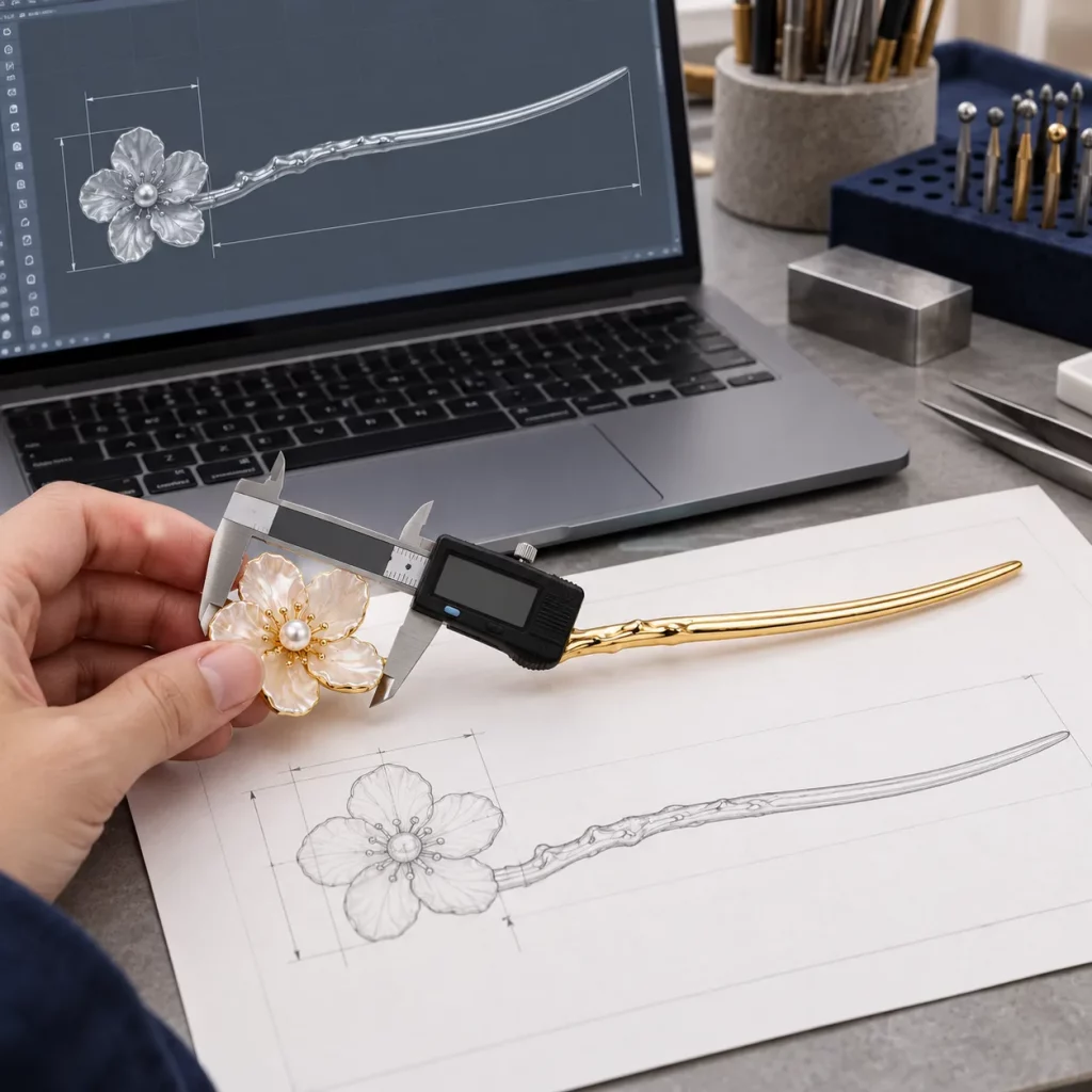 Five-petal floral hair stick under design review with a CAD model, technical drawing, digital caliper, and finished sample.