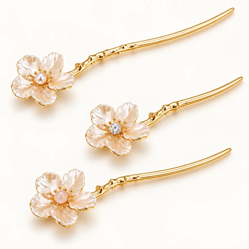 Three five-petal floral hair sticks showing pearl-style, clear crystal-style, and pink center decoration options.