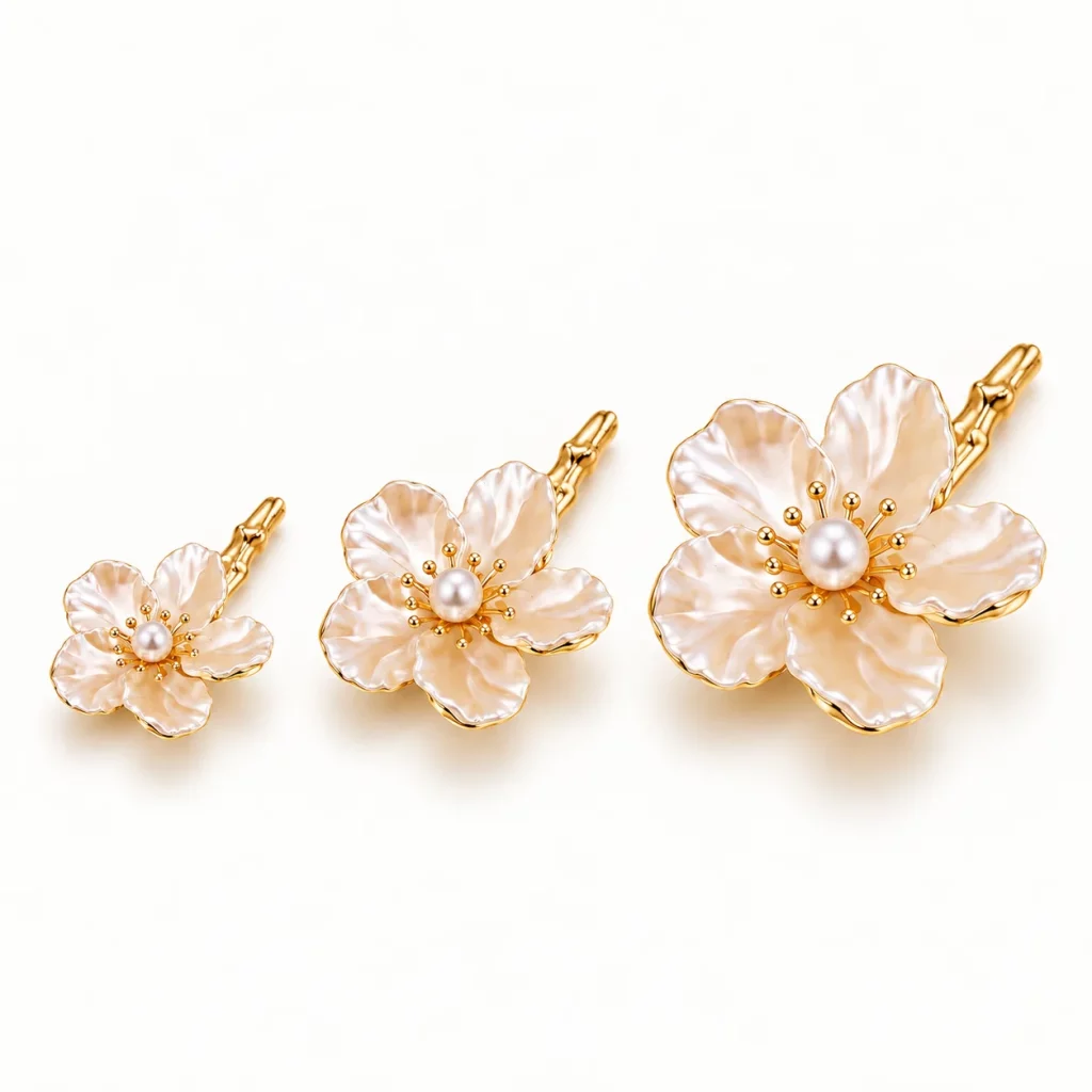 Three five-petal floral hair stick flower heads shown in small, medium, and large sizes for custom proportion comparison.