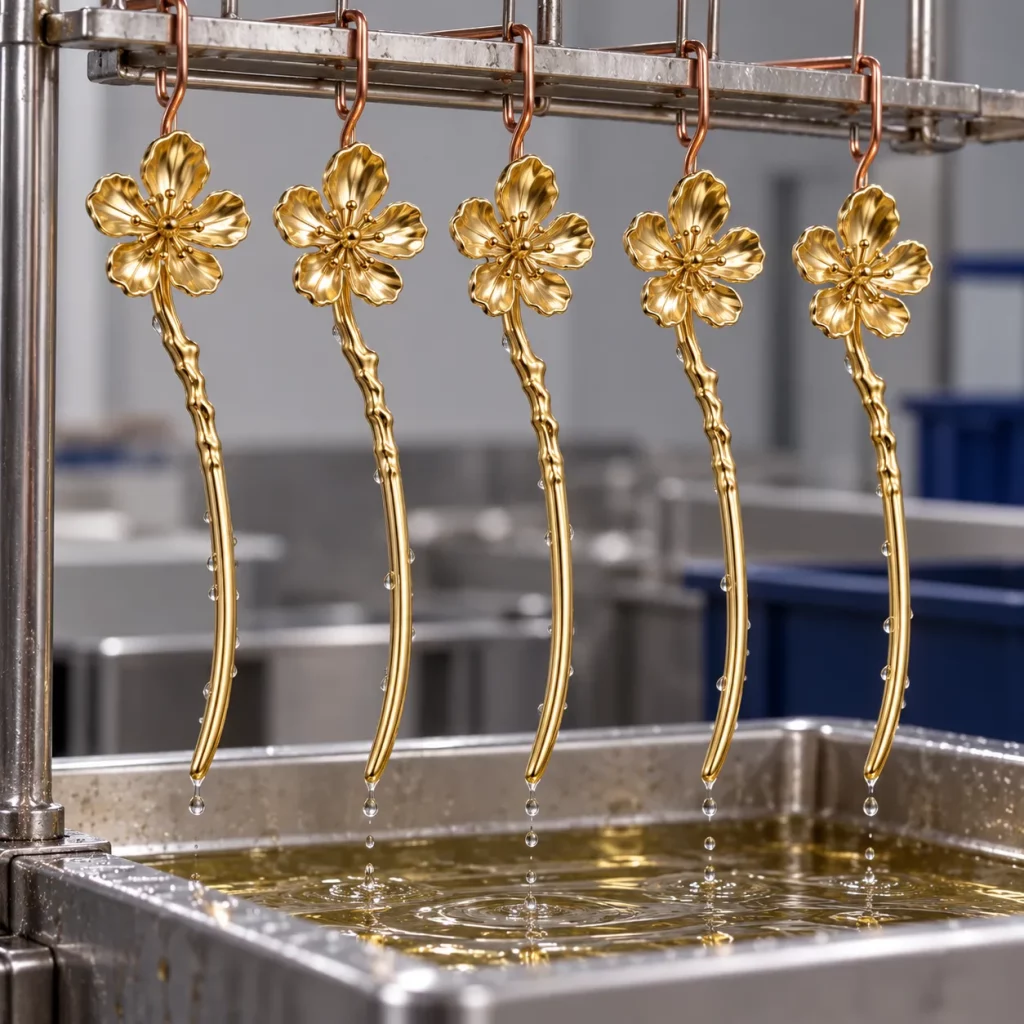Five-petal floral hair stick components hanging after gold-tone plating during the surface finishing process.