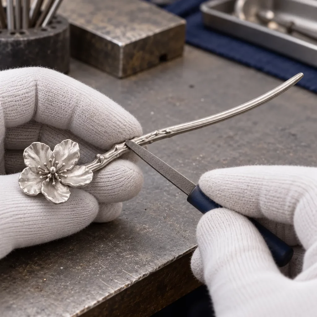 Worker hand-finishing an unfinished five-petal floral hair stick with a file to smooth the metal surface and connection area.
