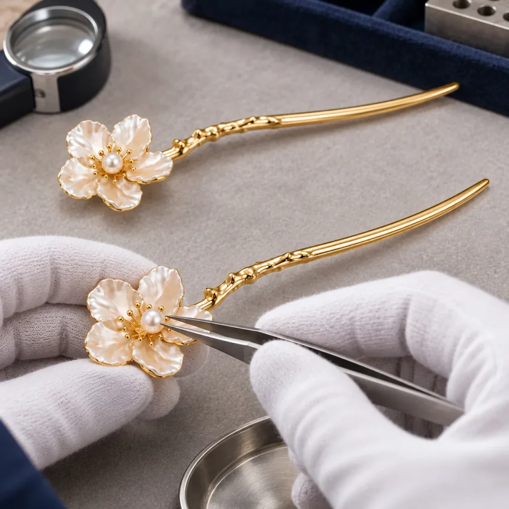 Worker using tweezers to assemble a pearl-style center onto a five-petal floral hair stick during final decorative assembly.