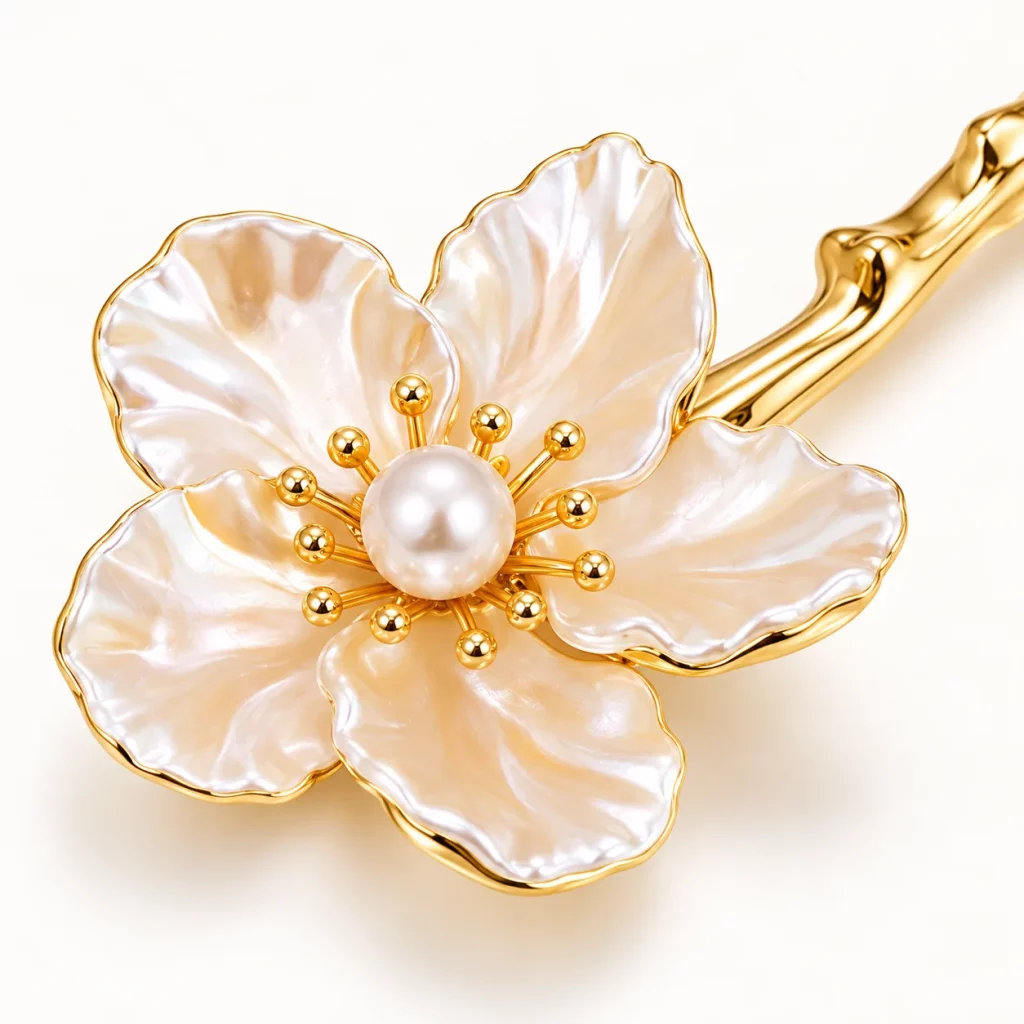 Close-up of a five-petal floral hair stick with iridescent ivory petals, gold-tone edging, and a pearl-style center.
