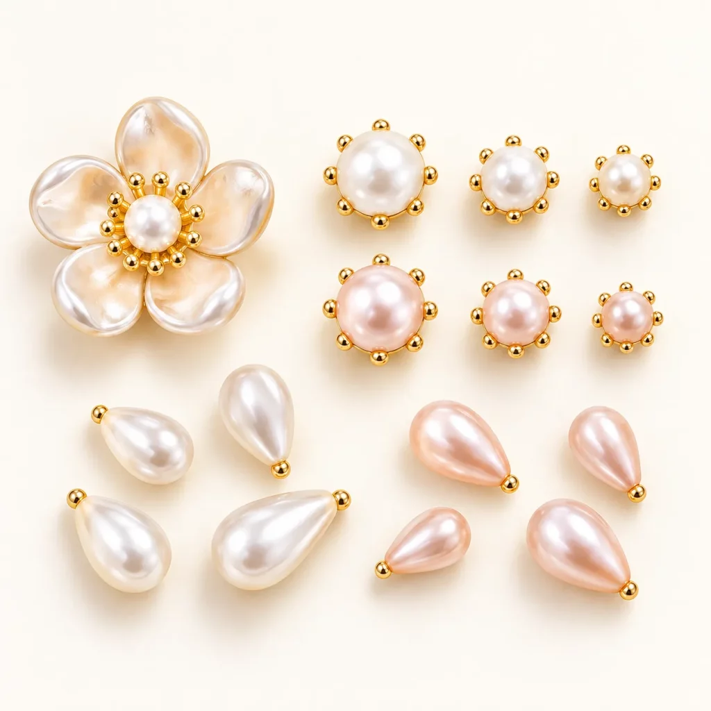 Flower petals, round pearl accents, and teardrop pearl components arranged for floral hair pin assembly and design selection.